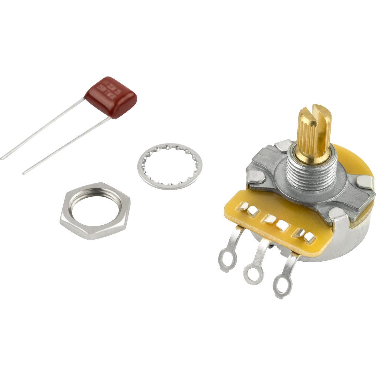 PONTENCIOMETRO FENDER VINTAGE 250K DE EJE PARTIDO CON HAEDWARE DE MONTAJE